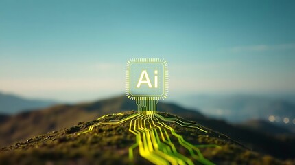 Glowing AI Chip in Desert Dunes at Sunset – Futuristic Technology Landscape Illustration