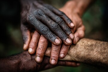 Fototapeta premium A symbol of unity and solidarity: Diverse hands joined together, representing collaboration and global connection with different skin tones for peace, love and cooperation.