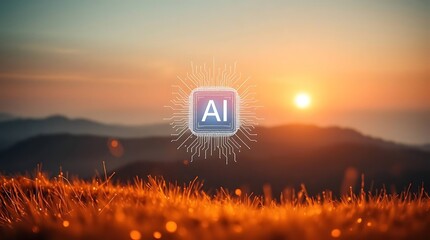Glowing Microchip on Alien Terrain – Futuristic Circuit Board Floating Over Sci-Fi Landscape in Orange