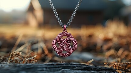 A decorative necklace is displayed against a blurred natural background