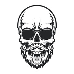 Vector Line Art: Skull with Beard and Sunglasses Isolated on White Background, Monochrome Illustration for Graphic Design Elements                    