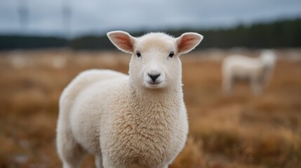 Obraz premium This image features an adorable young sheep standing in a grassy field, showcasing its soft wool and curious expression against a serene rural backdrop.