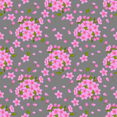 Seamless spring floral pattern with pink flowers and green leaves