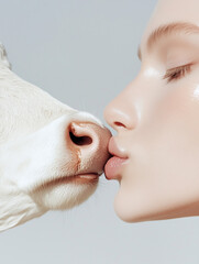 Close-Up Portrait of a Woman Kissing a Cow