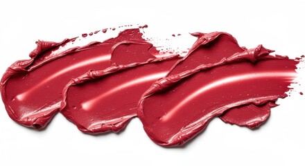 Abstract red swipe strokes of lipstick with creamy smudges texture isolated on white background. Decorative beauty make up product. Makeup product sample swatch for lip makeup.