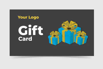 Gift card with blue gift box gold ribbon on dark background