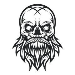 Black and White Skull with Beard Vector Illustration, Detailed Engraving Style                                                                        