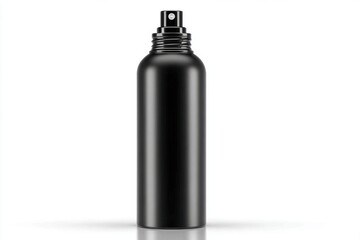 A sleek and modern black spray bottle on a clean white background, perfect for showcasing beauty and cosmetic products with its minimalist design and elegant form.