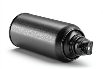 Fototapeta premium A sleek black spray can lies horizontally, reflecting light on its smooth surface, isolated against a bright white background, showcasing industrial design and packaging.