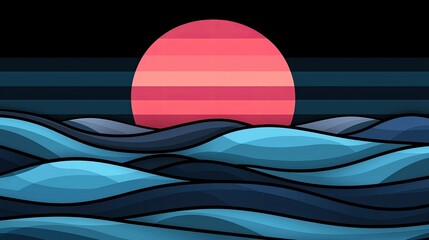 A graphic illustration depicts sunset over a stylized ocean landscape