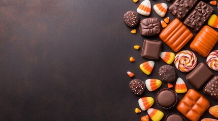 Delicious Halloween candy border background with chocolates, candy corn, lollipops on dark surface for trick or treat copy space.