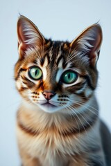 Fototapeta premium Closeup portrait of a tabby cat with striking green eyes set against a soft light background