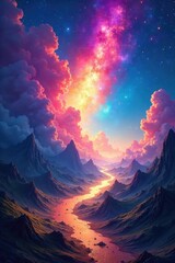 A surreal landscape painted with vibrant colors, swirling nebulae, and ethereal light, depicting the boundless nature of spiritual imagination , wonder, soul