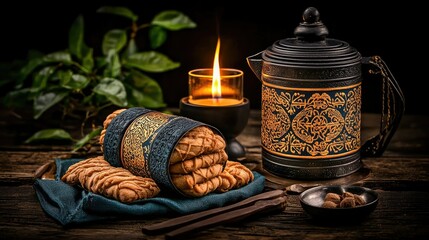A cozy scene with cookies candle teapot and foliage