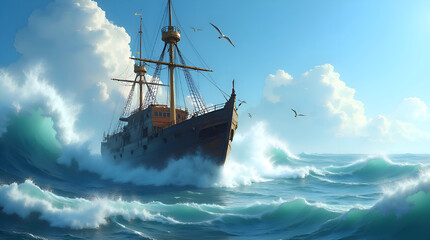 Majestic Old Ship Sailing Through Rough Ocean Waves &ndash; Maritime Adventure Art Perfect for themes in nautical history, fantasy, or epic journeys.