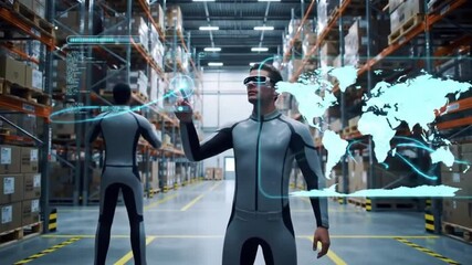 Man in Futuristic Suit Uses Augmented Reality Glasses to Manage Global Logistics with Holographic World Map in Smart Warehouse - Powered by Adobe