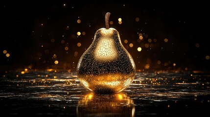 A beautiful shining golden pear against a dark elegant background