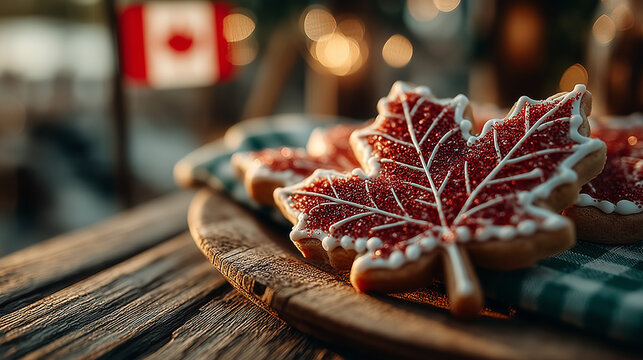 Maple leaf cookie with red and white icing on a wooden plate, celebrating Canada Day with festive warmth and patriotic spirit.