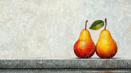 Two ripe pears with green leaf on a textured background