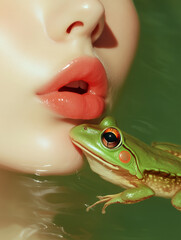 Close-Up of a Woman’s Glossy Lips Kissing a Frog in Water