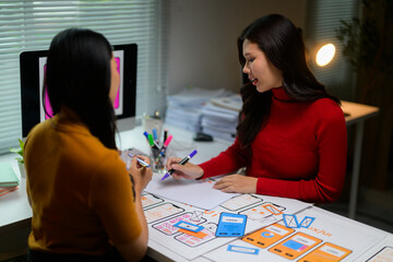 Fototapeta premium Ui/ux designers working on a new mobile application developing wireframes and prototypes