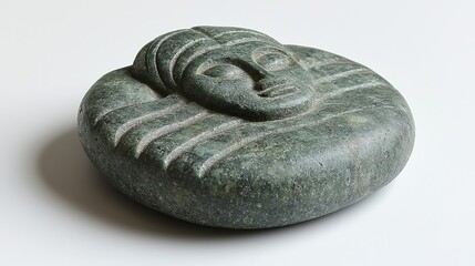 Carved stone sculpture depicting a serene face looking peacefully outward