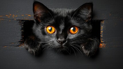 A curious black cat peeks out from a dark opening