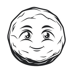 Line Art Illustration of Smiling Stone Face with Big Eyes on White Background                                                                         