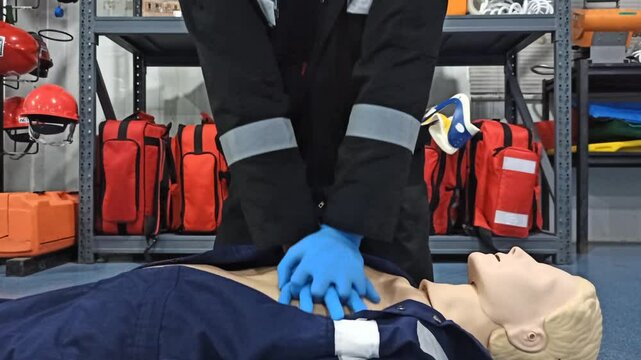 Person, hands or dummy with CPR for first aid training or class at emergency healthcare practice on floor. Closeup, trainer or paramedic with mannequin for life saving lesson or rescue practical