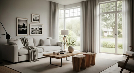 A bright living room with a comfortable couch, a coffee table, and a window showcasing outdoor views, Generative AI.