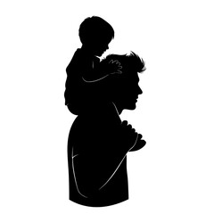 Silhouette of a father carrying a child on shoulders, side view, on transparent background