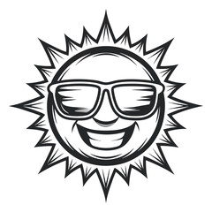 Stylized Black and White Sun with Sunglasses and a Grinning Expression, Depicting Summer Fun and a Lighthearted Vibe.                                 