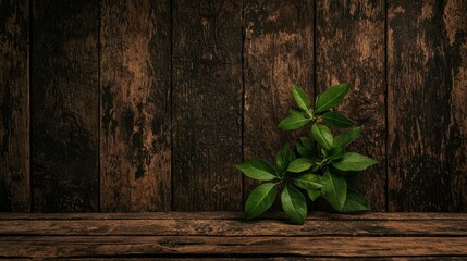 Green leaves resting on a rustic wooden surface background