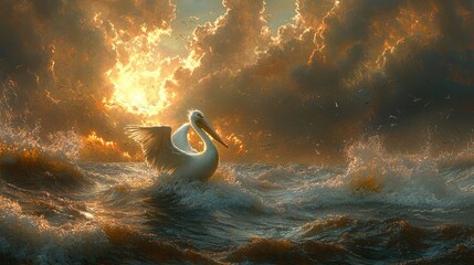 A white pelican floats on the stormy ocean under fiery clouds