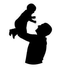 Flat black vector silhouette of a father lifting a child up, front-facing, on transparent background