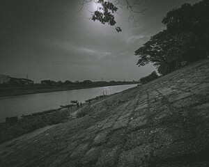 Dark and Moody River Landscape in Black and White