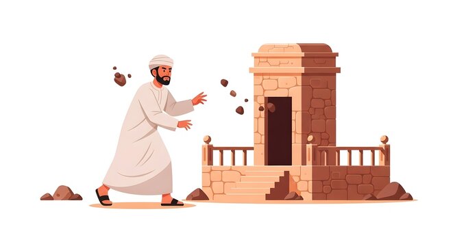 flat cartoon illustration of Muslim man in ihram throwing small stones toward stone pillar (Jamrah), simple stone structure with railings, focused facial expression, warm desert color palette, clean w