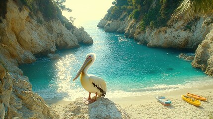 A pelican is standing on a rock near a beautiful ocean