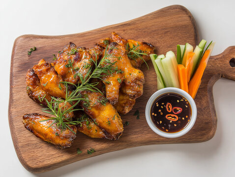 realistic food photography of crispy chicken wings marinated with spicy honey, garnished with fresh herbs, served on a rustic wooden platter, accompanied by a side of tangy dipping sauce and colorful 