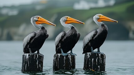 Three pelicans perched atop wooden posts near ocean water scenery