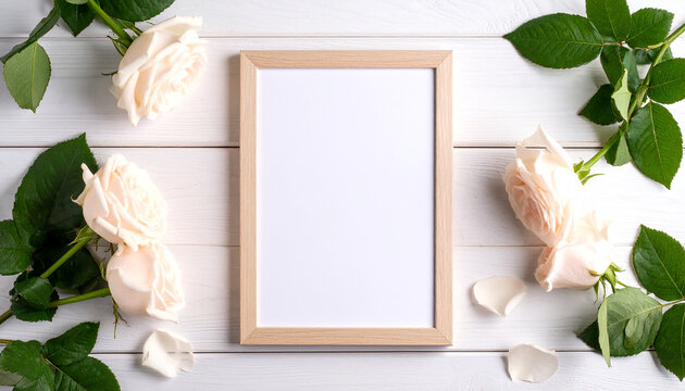 Pink roses around blank frame on wooden background. Beautiful flowers. Mock-up. Close-up.