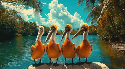 Four pelicans standing on a rock near a tranquil body of water