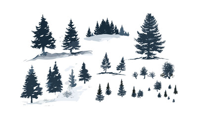 Obraz premium Fir tree forest silhouette, snow scene, hand-drawn tree vector, seasonal wild nature, Arctic landscape, winter woods, conifer vector illustration by default, cold climate flora. christmas tree