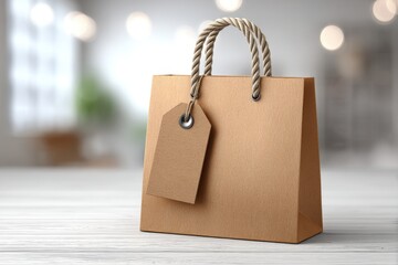 A brown paper shopping bag with a tag on a white wooden table, in soft focus background, ideal for showcasing branding mockups and retail concepts with neutral design.
