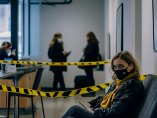 A woman wearing a protective mask sits alone on a modern sofa in a bright office waiting room, practicing social distancing.
