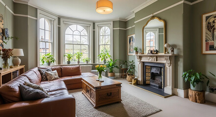 A cozy living room featuring a couch, a fireplace, and large windows letting in natural light, Generative AI.