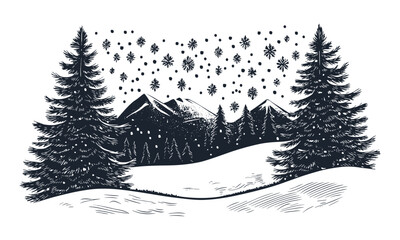 Fir Tree Snow Landscape Art Set in Mountain Mood, seasonal nature, forest silhouette, wild tree, engraving style, tree vector, winter scenery, vector illustration, christmas tree