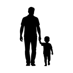 Silhouette of a father and child walking hand in hand, back view, on transparent background