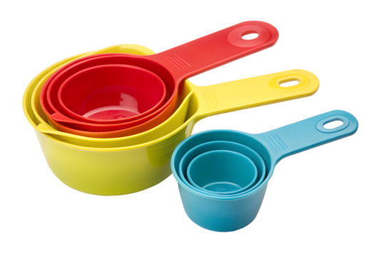 Colorful kitchen measuring cups for baking isolated on transparent background