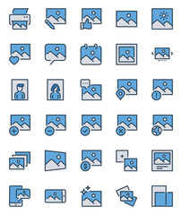 Filled blue outline icons set for Photo gallery
